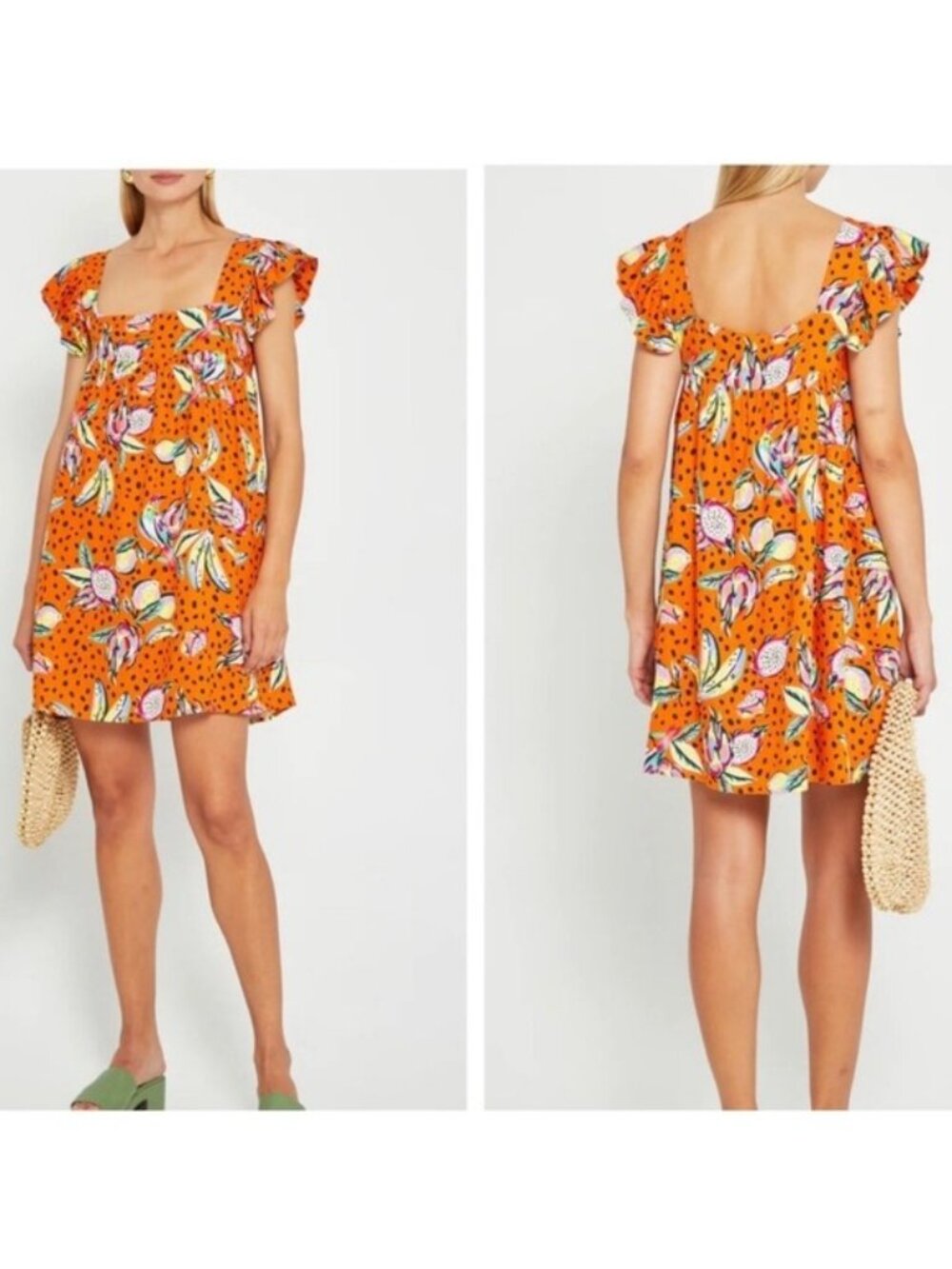 Tropical Print Orange Ruffle Sleeve Mini Dress By Kourt Large
